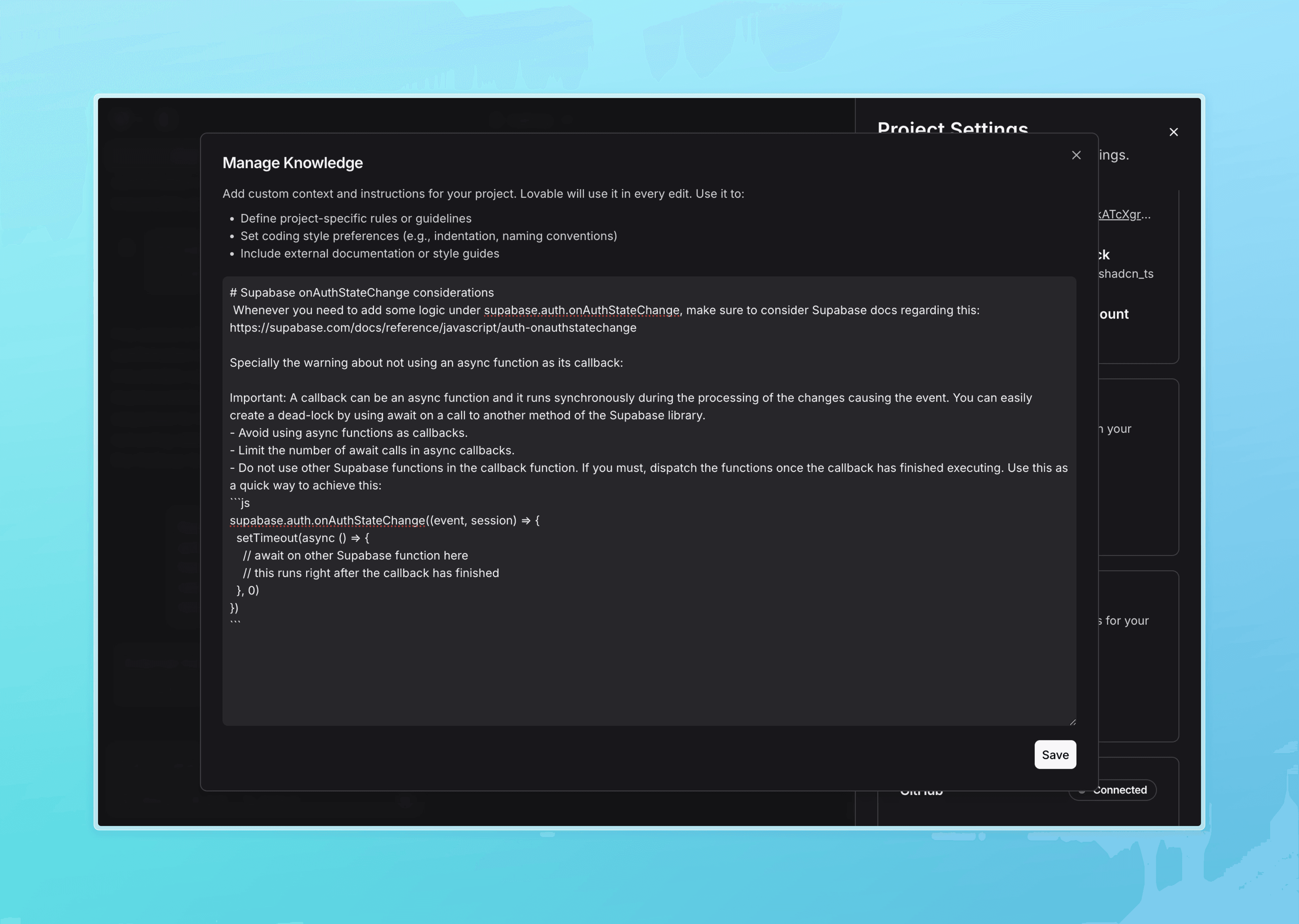 Lovable project knowledge base with Supabase onAuthStateChange rules