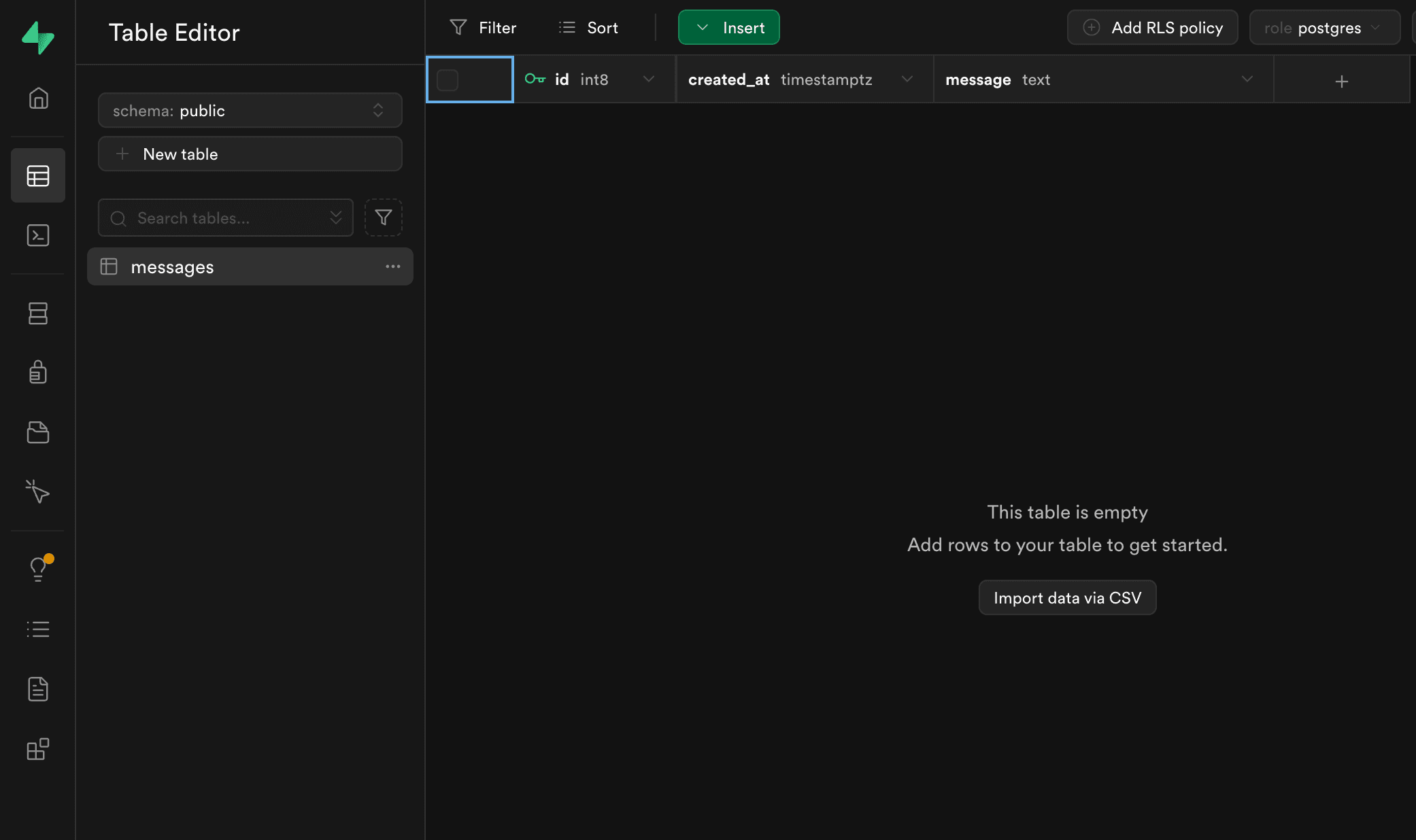 Showing the messages table in the Supabase Studio Table Editor