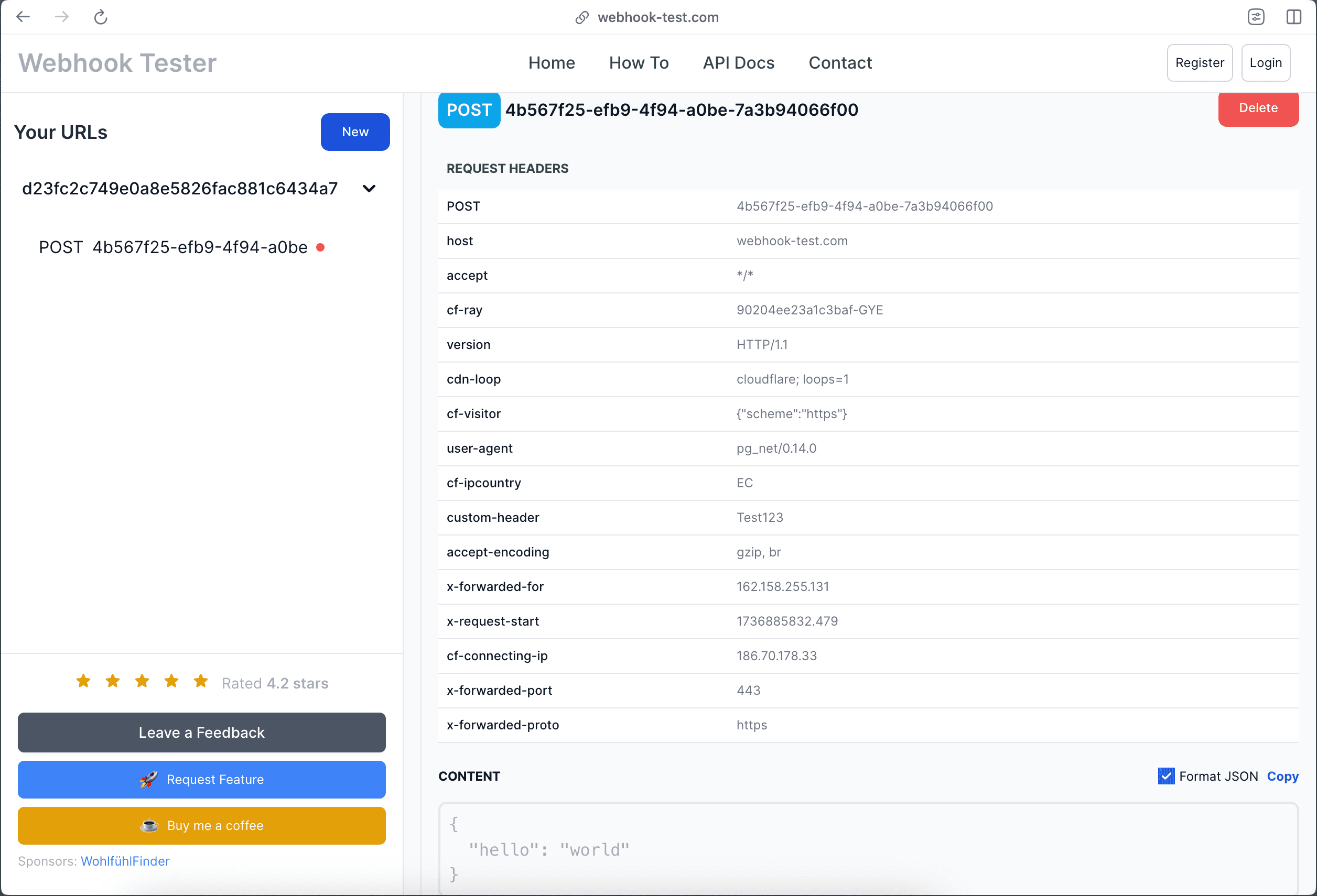 Webhook service UI showing the received request data